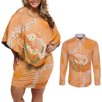 Hawaii Lanai Island Flowers Lei Couples Matching Off Shoulder Short Dress and Long Sleeve Button Shirt Orange Kaunaoa Mix Maile