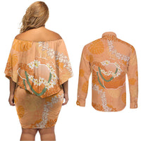 Hawaii Lanai Island Flowers Lei Couples Matching Off Shoulder Short Dress and Long Sleeve Button Shirt Orange Kaunaoa Mix Maile