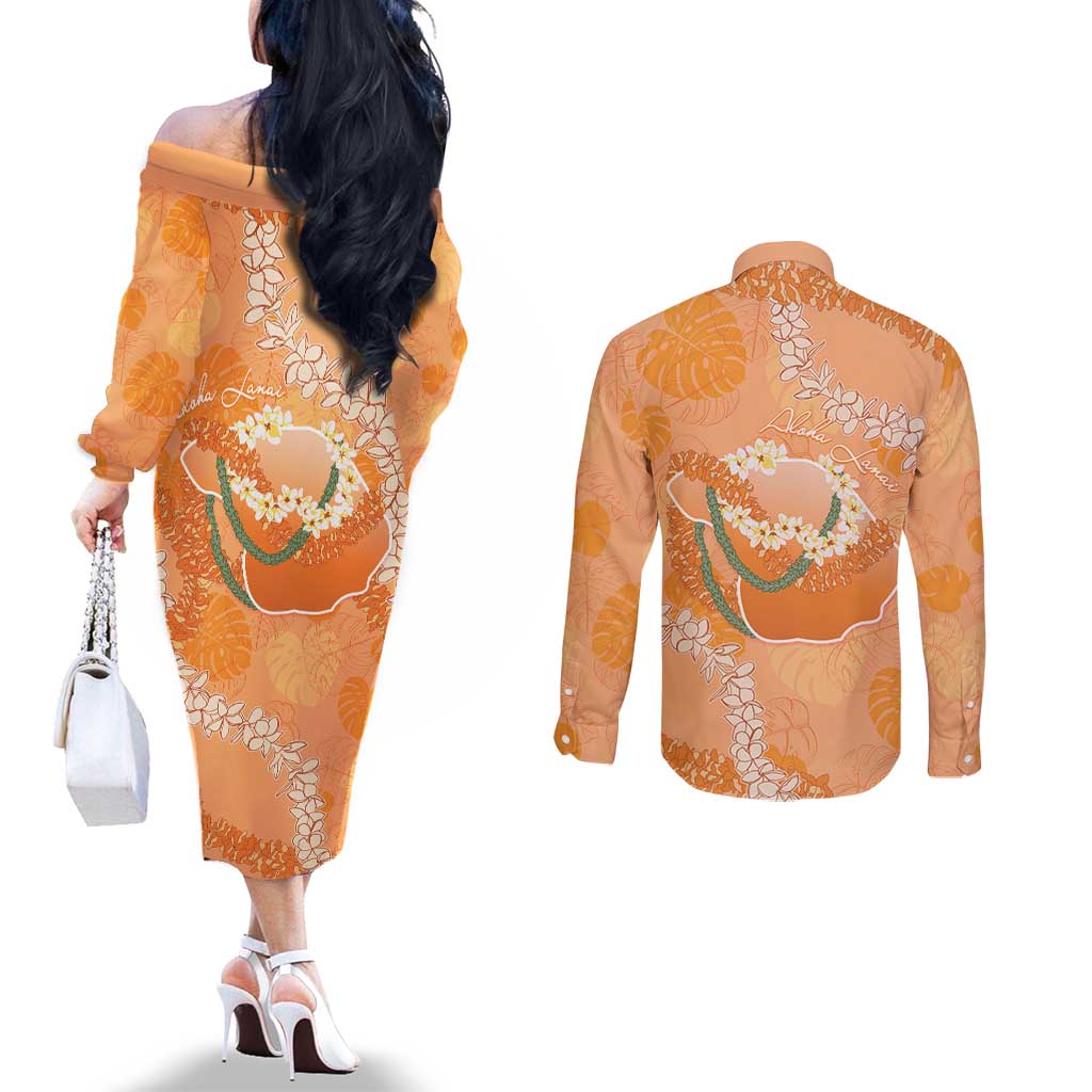Hawaii Lanai Island Flowers Lei Couples Matching Off The Shoulder Long Sleeve Dress and Long Sleeve Button Shirt Orange Kaunaoa Mix Maile
