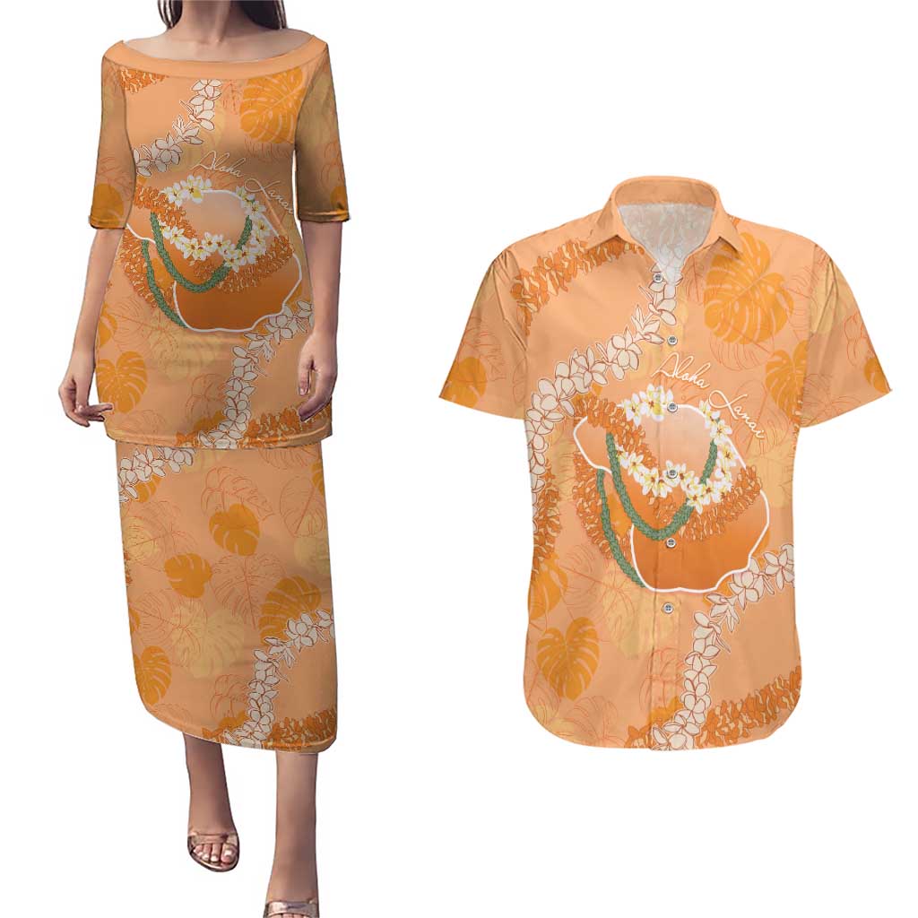 Hawaii Lanai Island Flowers Lei Couples Matching Puletasi and Hawaiian Shirt Orange Kaunaoa Mix Maile