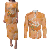 Hawaii Lanai Island Flowers Lei Couples Matching Puletasi and Long Sleeve Button Shirt Orange Kaunaoa Mix Maile
