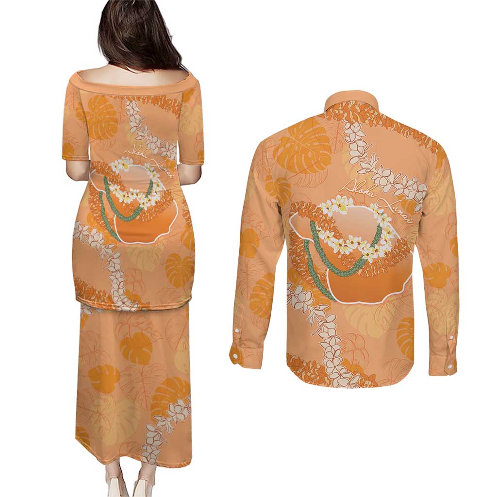 Hawaii Lanai Island Flowers Lei Couples Matching Puletasi and Long Sleeve Button Shirt Orange Kaunaoa Mix Maile