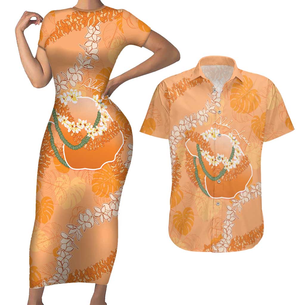 Hawaii Lanai Island Flowers Lei Couples Matching Short Sleeve Bodycon Dress and Hawaiian Shirt Orange Kaunaoa Mix Maile
