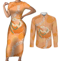 Hawaii Lanai Island Flowers Lei Couples Matching Short Sleeve Bodycon Dress and Long Sleeve Button Shirt Orange Kaunaoa Mix Maile