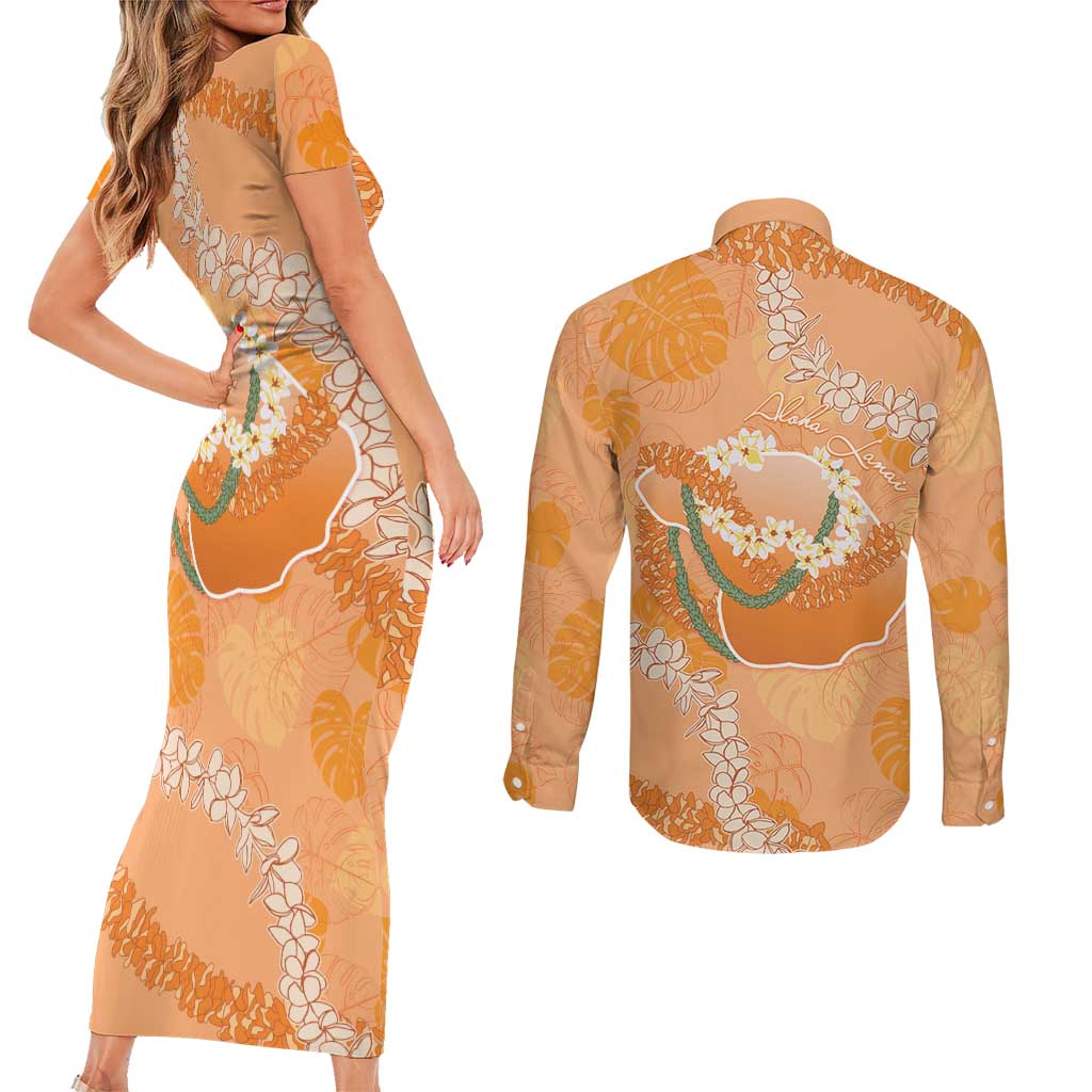 Hawaii Lanai Island Flowers Lei Couples Matching Short Sleeve Bodycon Dress and Long Sleeve Button Shirt Orange Kaunaoa Mix Maile