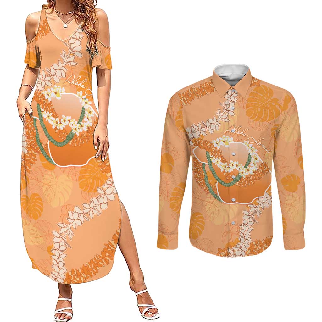 Hawaii Lanai Island Flowers Lei Couples Matching Summer Maxi Dress and Long Sleeve Button Shirt Orange Kaunaoa Mix Maile