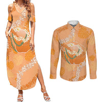 Hawaii Lanai Island Flowers Lei Couples Matching Summer Maxi Dress and Long Sleeve Button Shirt Orange Kaunaoa Mix Maile