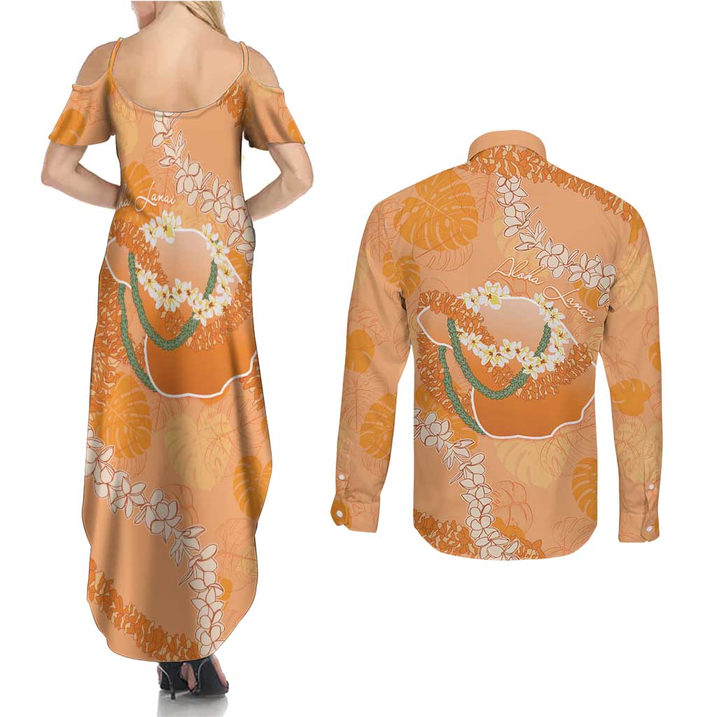 Hawaii Lanai Island Flowers Lei Couples Matching Summer Maxi Dress and Long Sleeve Button Shirt Orange Kaunaoa Mix Maile