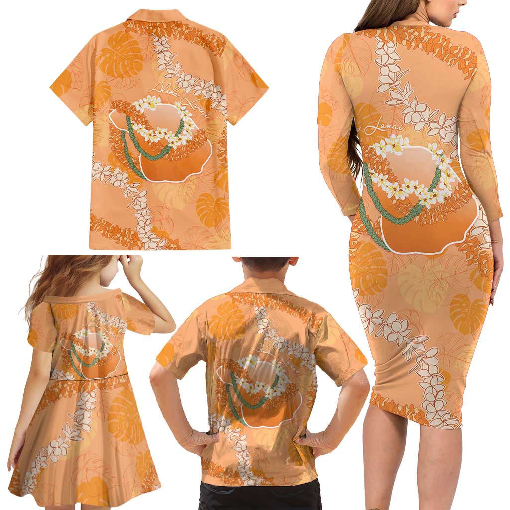 Hawaii Lanai Island Flowers Lei Family Matching Long Sleeve Bodycon Dress and Hawaiian Shirt Orange Kaunaoa Mix Maile