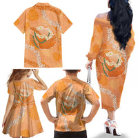 Hawaii Lanai Island Flowers Lei Family Matching Off The Shoulder Long Sleeve Dress and Hawaiian Shirt Orange Kaunaoa Mix Maile