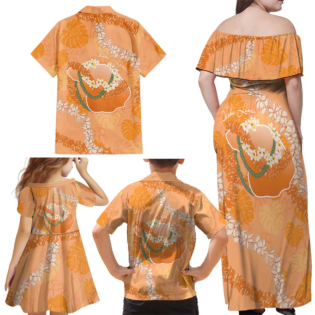 Hawaii Lanai Island Flowers Lei Family Matching Off Shoulder Maxi Dress and Hawaiian Shirt Orange Kaunaoa Mix Maile