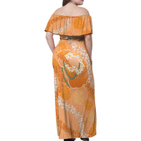 Hawaii Lanai Island Flowers Lei Family Matching Off Shoulder Maxi Dress and Hawaiian Shirt Orange Kaunaoa Mix Maile