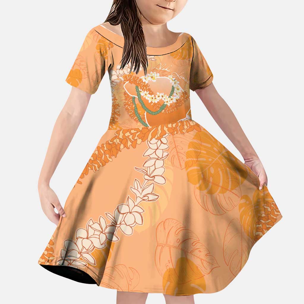 Hawaii Lanai Island Flowers Lei Family Matching Off Shoulder Short Dress and Hawaiian Shirt Orange Kaunaoa Mix Maile LT7 Daughter's Dress Orange - Polynesian Pride