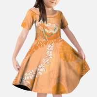 Hawaii Lanai Island Flowers Lei Family Matching Off Shoulder Short Dress and Hawaiian Shirt Orange Kaunaoa Mix Maile LT7 Daughter's Dress Orange - Polynesian Pride