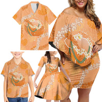 Hawaii Lanai Island Flowers Lei Family Matching Off Shoulder Short Dress and Hawaiian Shirt Orange Kaunaoa Mix Maile LT7 - Polynesian Pride