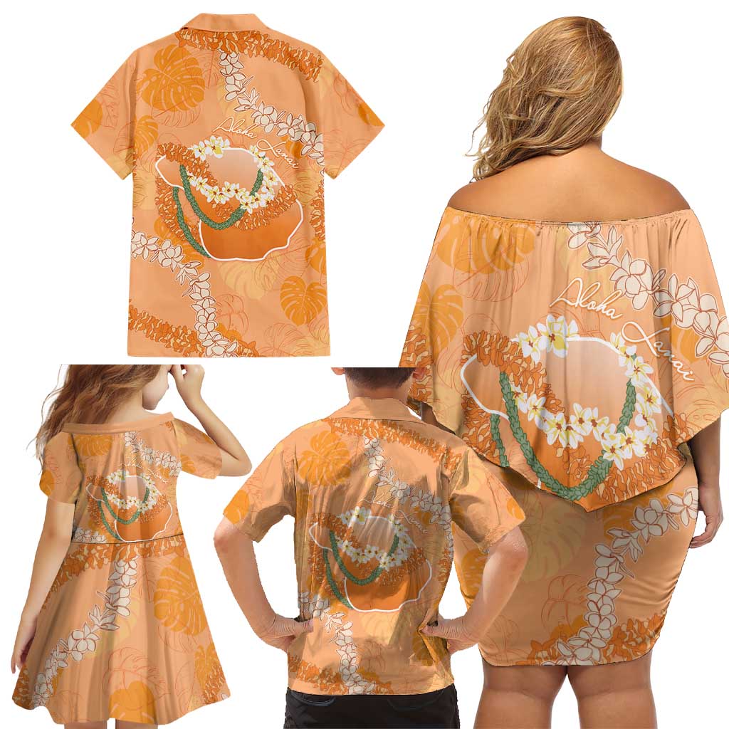 Hawaii Lanai Island Flowers Lei Family Matching Off Shoulder Short Dress and Hawaiian Shirt Orange Kaunaoa Mix Maile LT7 - Polynesian Pride