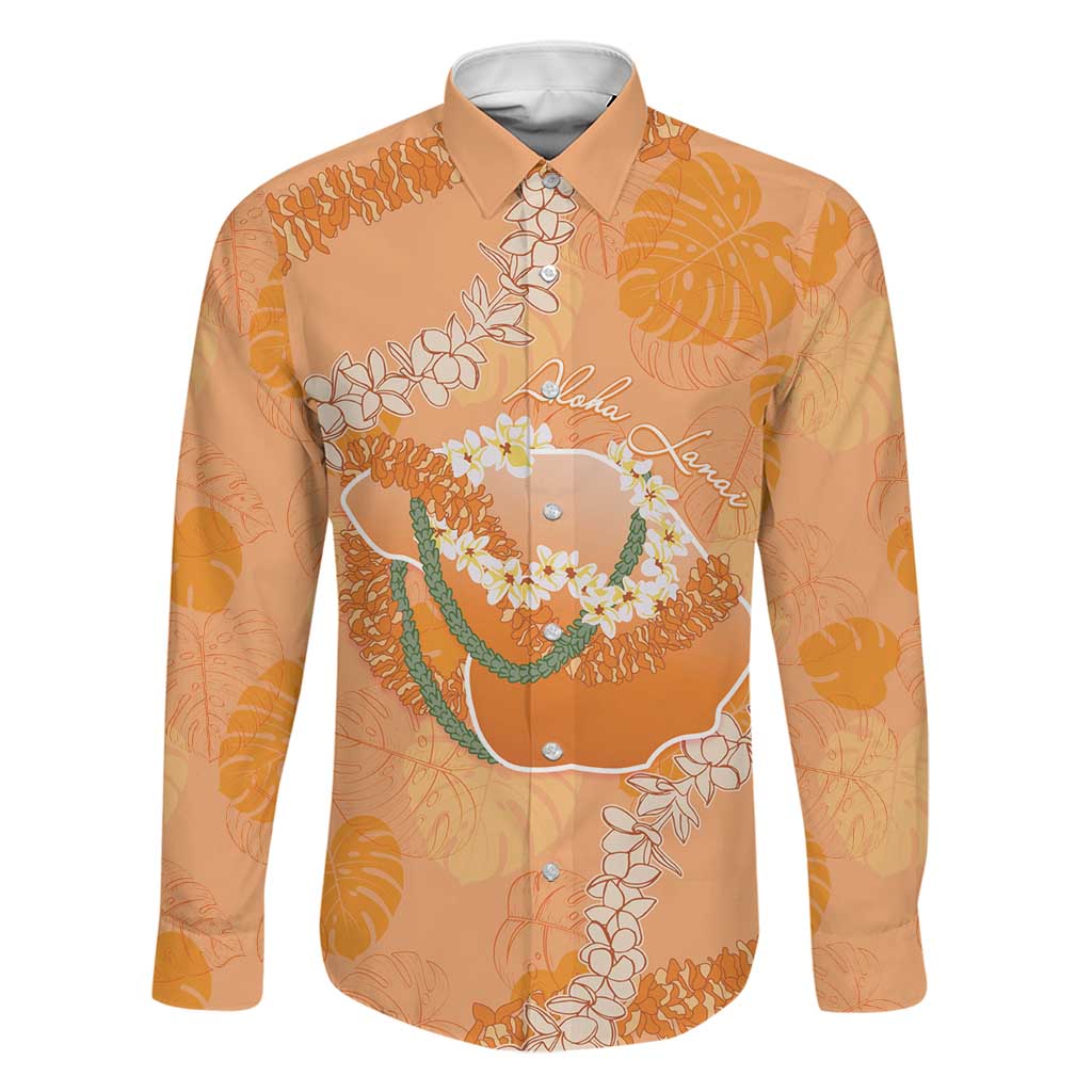 Hawaii Lanai Island Flowers Lei Family Matching Off Shoulder Short Dress and Hawaiian Shirt Orange Kaunaoa Mix Maile LT7 Dad's Shirt - Long Sleeve Orange - Polynesian Pride