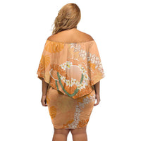 Hawaii Lanai Island Flowers Lei Family Matching Off Shoulder Short Dress and Hawaiian Shirt Orange Kaunaoa Mix Maile LT7 - Polynesian Pride