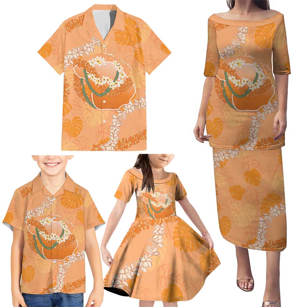 Hawaii Lanai Island Flowers Lei Family Matching Puletasi and Hawaiian Shirt Orange Kaunaoa Mix Maile