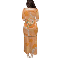 Hawaii Lanai Island Flowers Lei Family Matching Puletasi and Hawaiian Shirt Orange Kaunaoa Mix Maile