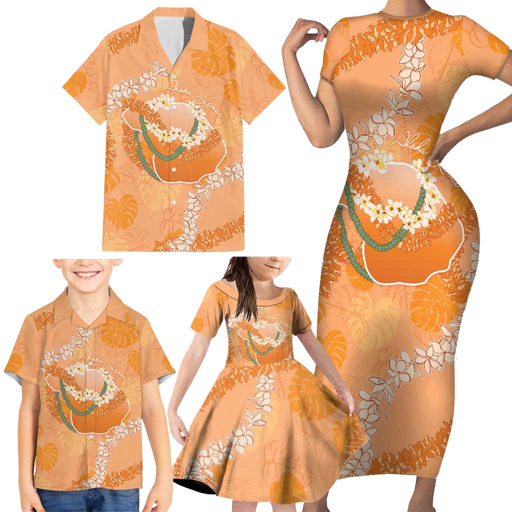 Hawaii Lanai Island Flowers Lei Family Matching Short Sleeve Bodycon Dress and Hawaiian Shirt Orange Kaunaoa Mix Maile