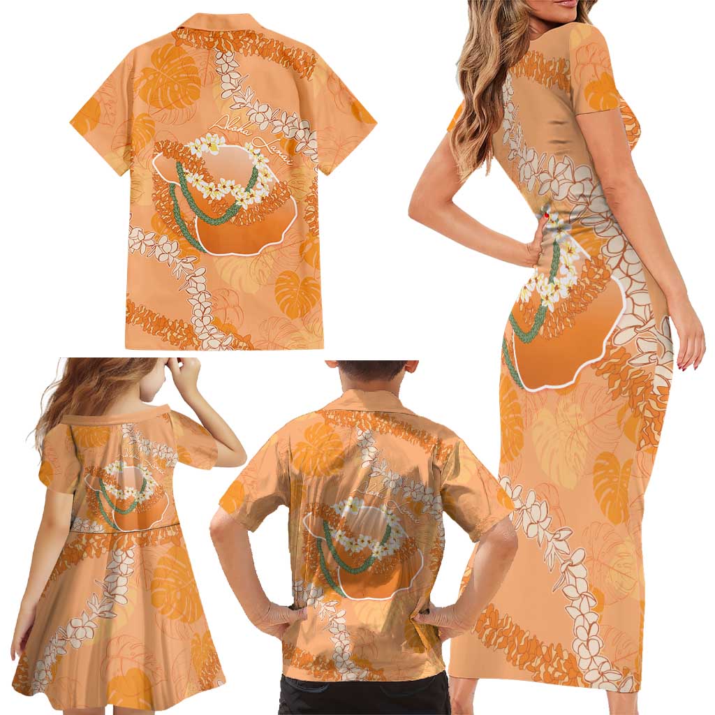 Hawaii Lanai Island Flowers Lei Family Matching Short Sleeve Bodycon Dress and Hawaiian Shirt Orange Kaunaoa Mix Maile