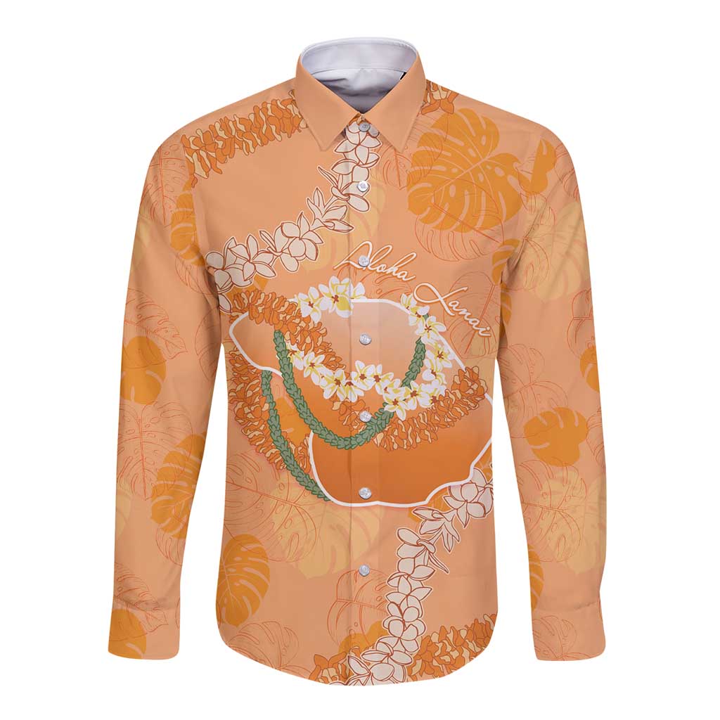 Hawaii Lanai Island Flowers Lei Long Sleeve Button Shirt Orange Kaunaoa Mix Maile