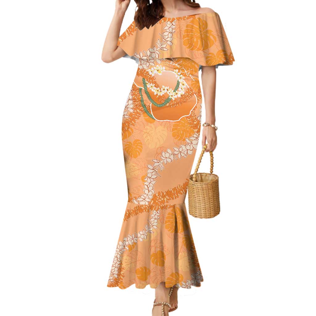 Hawaii Lanai Island Flowers Lei Mermaid Dress Orange Kaunaoa Mix Maile