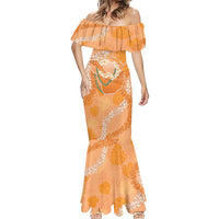 Hawaii Lanai Island Flowers Lei Mermaid Dress Orange Kaunaoa Mix Maile