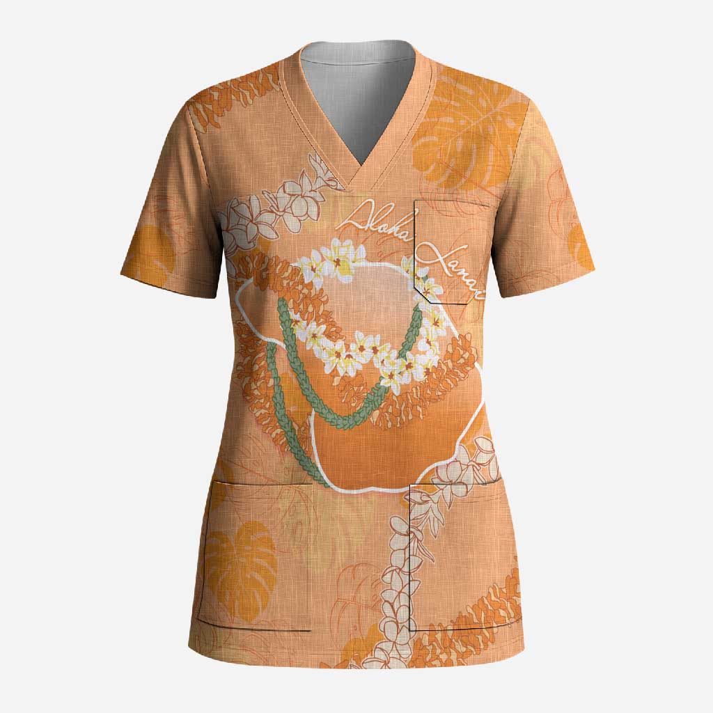 Hawaii Lanai Island Flowers Lei Scrub Top Orange Kaunaoa Mix Maile