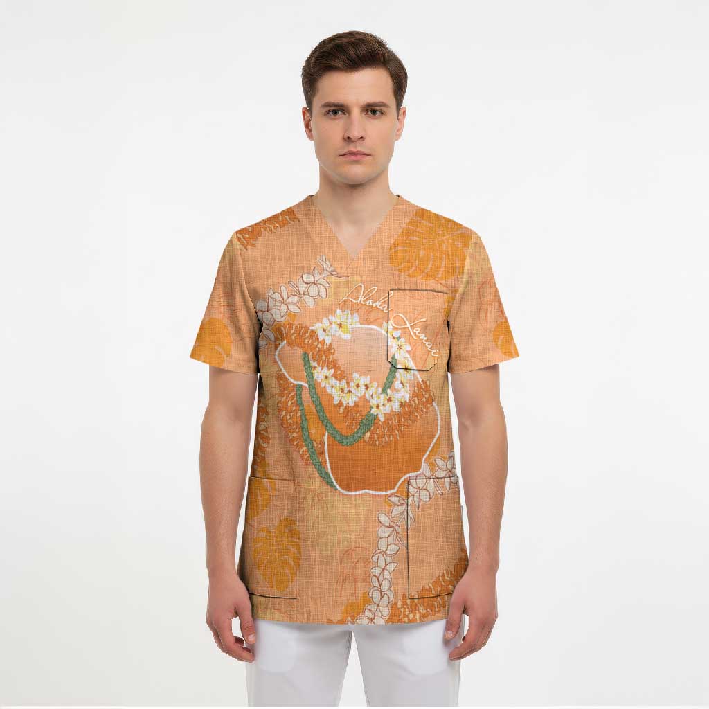 Hawaii Lanai Island Flowers Lei Scrub Top Orange Kaunaoa Mix Maile