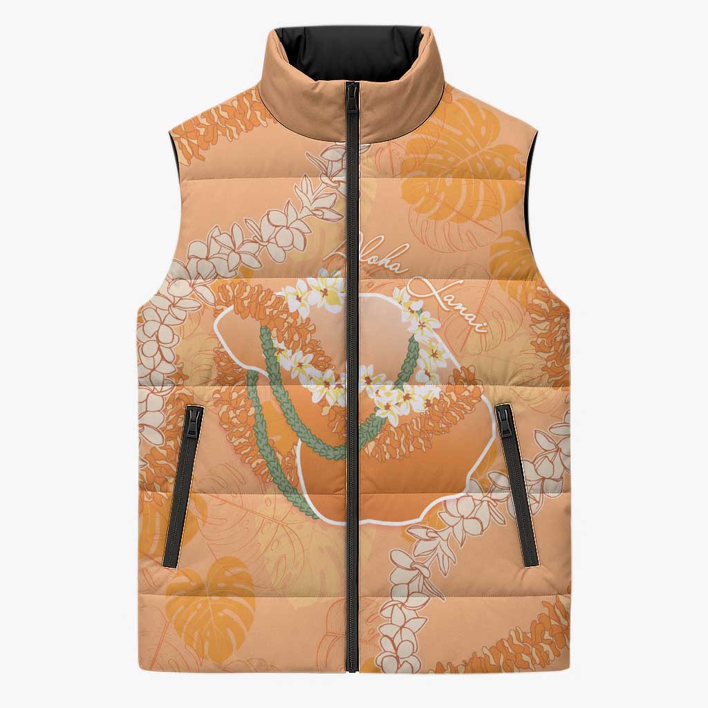 Hawaii Lanai Island Flowers Lei Sleeveless Puffer Jacket Orange Kaunaoa Mix Maile