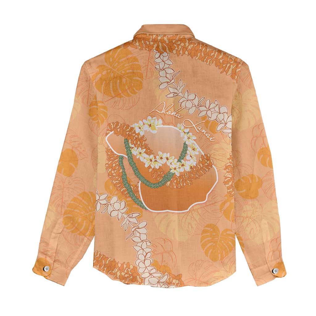 Hawaii Lanai Island Flowers Lei Women Casual Shirt Orange Kaunaoa Mix Maile