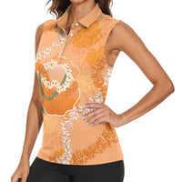 Hawaii Lanai Island Flowers Lei Women Sleeveless Polo Shirt Orange Kaunaoa Mix Maile
