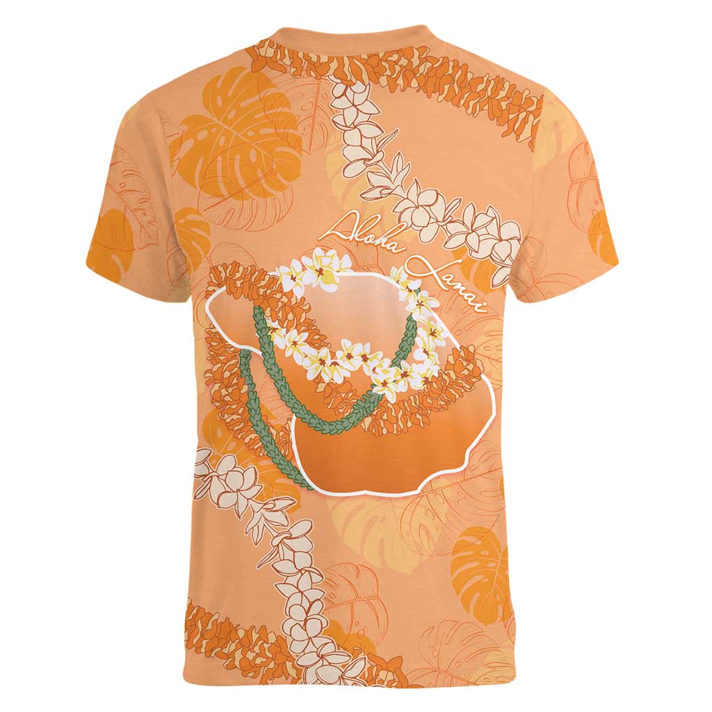 Hawaii Lanai Island Flowers Lei Women V-Neck T-Shirt Orange Kaunaoa Mix Maile