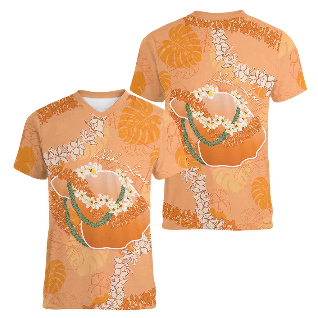 Hawaii Lanai Island Flowers Lei Women V-Neck T-Shirt Orange Kaunaoa Mix Maile