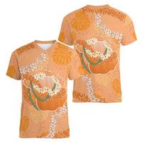 Hawaii Lanai Island Flowers Lei Women V-Neck T-Shirt Orange Kaunaoa Mix Maile