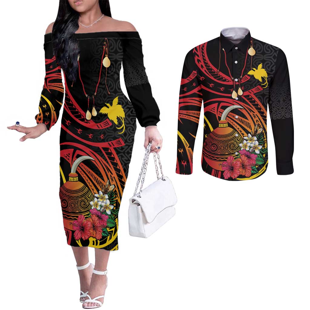Personalized Milne Bay Couples Matching Off The Shoulder Long Sleeve Dress and Long Sleeve Button Shirt PNG Lime Pot with Oro Tapa