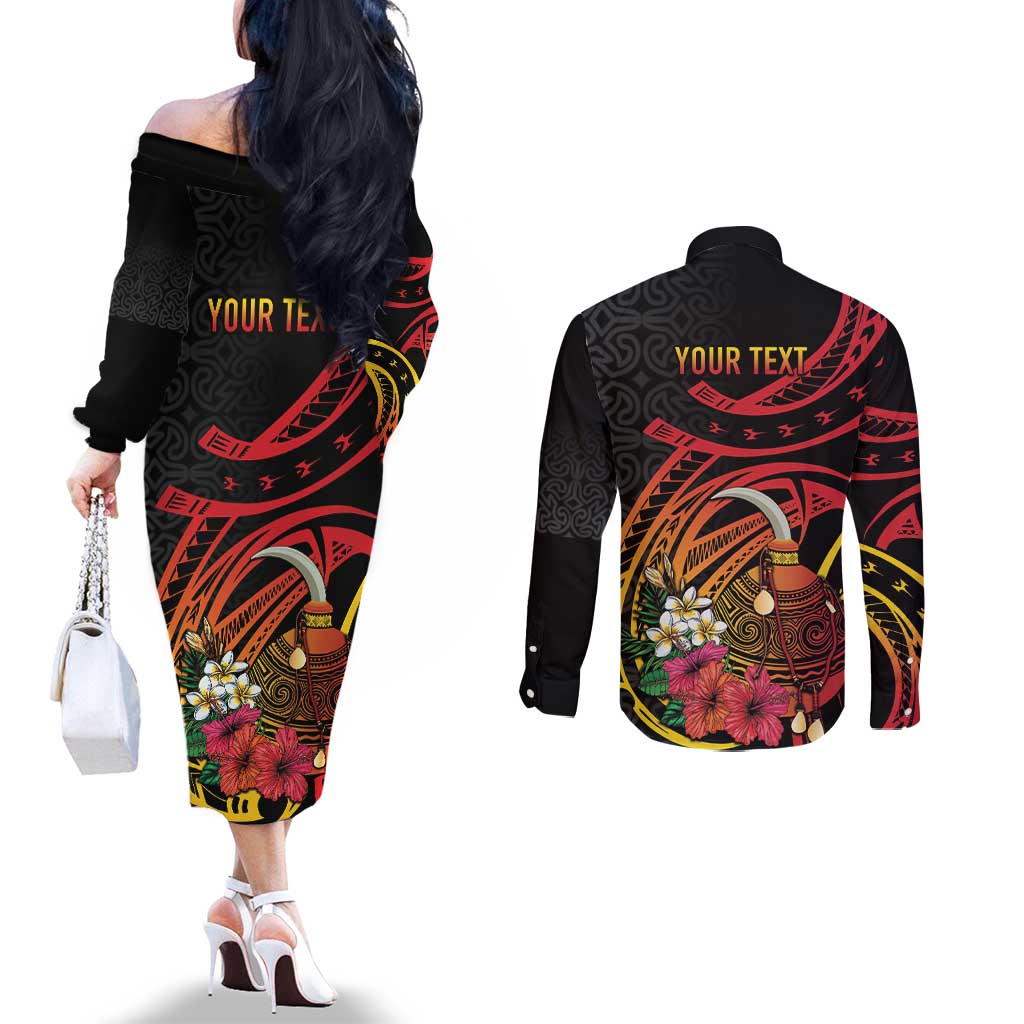 Personalized Milne Bay Couples Matching Off The Shoulder Long Sleeve Dress and Long Sleeve Button Shirt PNG Lime Pot with Oro Tapa