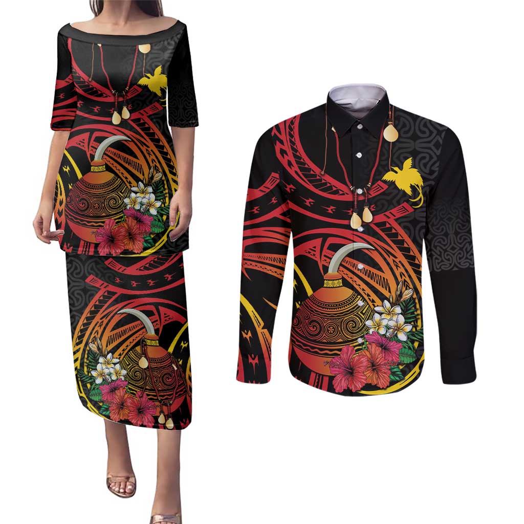 Personalized Milne Bay Couples Matching Puletasi and Long Sleeve Button Shirt PNG Lime Pot with Oro Tapa