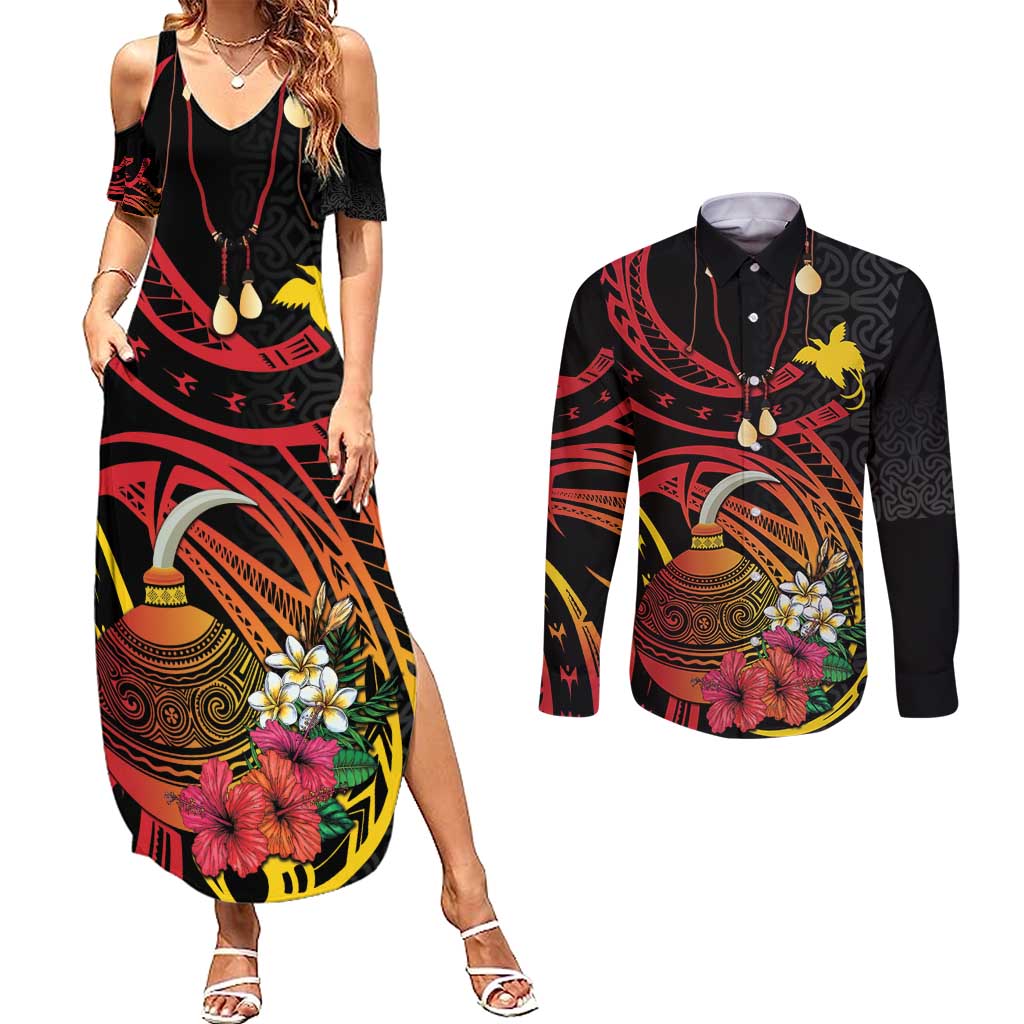 Personalized Milne Bay Couples Matching Summer Maxi Dress and Long Sleeve Button Shirt PNG Lime Pot with Oro Tapa