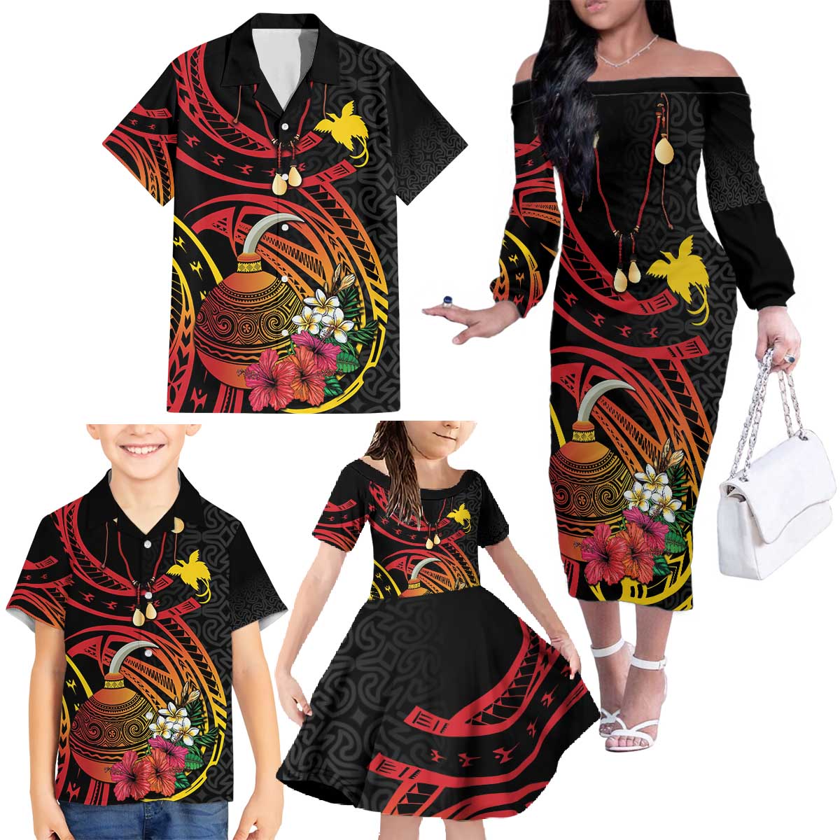 Personalized Milne Bay Family Matching Off The Shoulder Long Sleeve Dress and Hawaiian Shirt PNG Lime Pot with Oro Tapa
