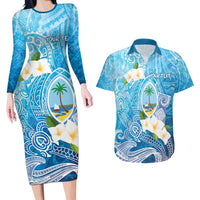 Hafa Adai Guam Chamorro Personalized Couples Matching Long Sleeve Bodycon Dress and Hawaiian Shirt Ocean Blue Latte Stone with Guasali - Polynesian Pride