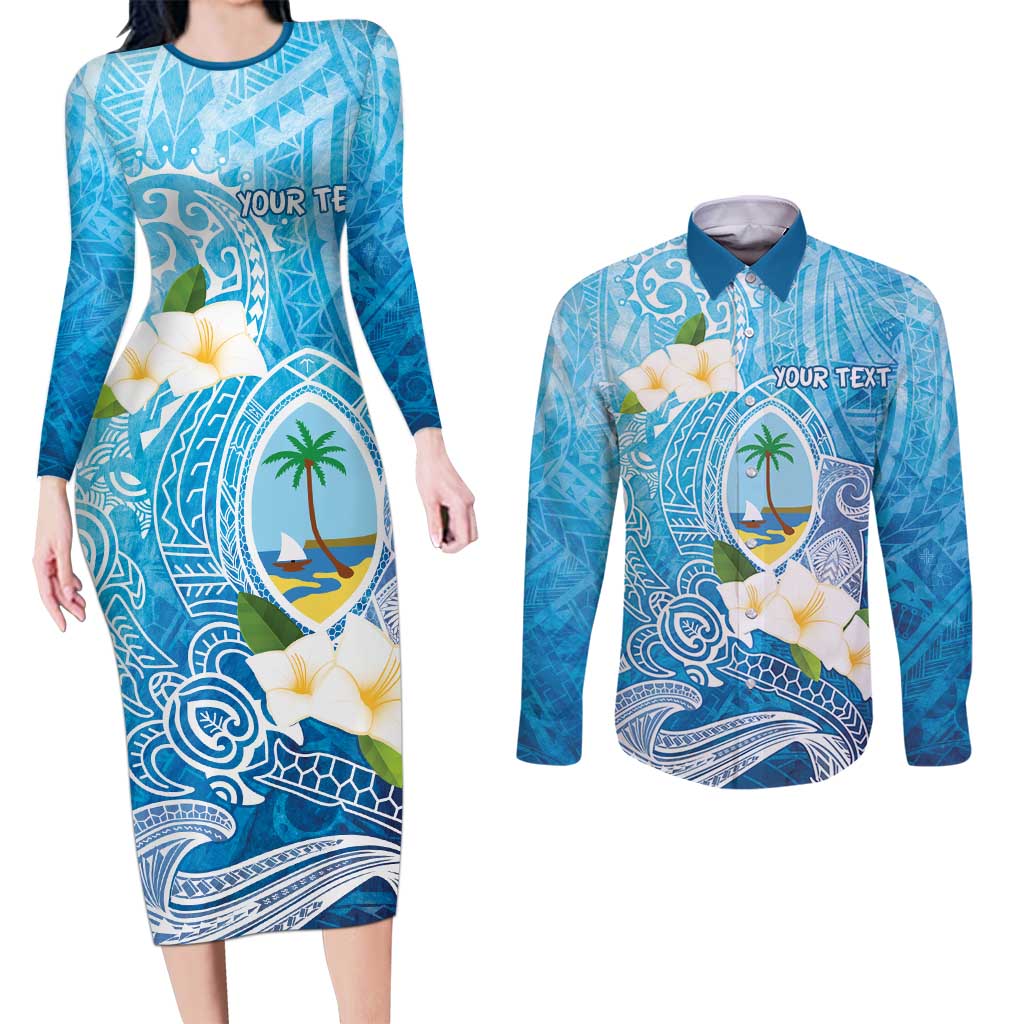 Hafa Adai Guam Chamorro Personalized Couples Matching Long Sleeve Bodycon Dress and Long Sleeve Button Shirt Ocean Blue Latte Stone with Guasali - Polynesian Pride