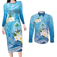 Hafa Adai Guam Chamorro Personalized Couples Matching Long Sleeve Bodycon Dress and Long Sleeve Button Shirt Ocean Blue Latte Stone with Guasali - Polynesian Pride