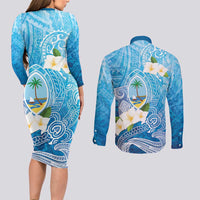 Hafa Adai Guam Chamorro Personalized Couples Matching Long Sleeve Bodycon Dress and Long Sleeve Button Shirt Ocean Blue Latte Stone with Guasali - Polynesian Pride