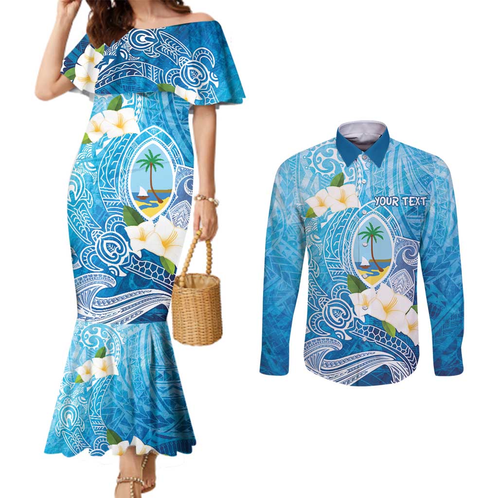 Hafa Adai Guam Chamorro Personalized Couples Matching Mermaid Dress and Long Sleeve Button Shirt Ocean Blue Latte Stone with Guasali - Polynesian Pride