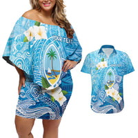 Hafa Adai Guam Chamorro Personalized Couples Matching Off Shoulder Short Dress and Hawaiian Shirt Ocean Blue Latte Stone with Guasali - Polynesian Pride