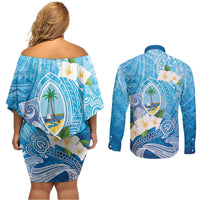 Hafa Adai Guam Chamorro Personalized Couples Matching Off Shoulder Short Dress and Long Sleeve Button Shirt Ocean Blue Latte Stone with Guasali - Polynesian Pride