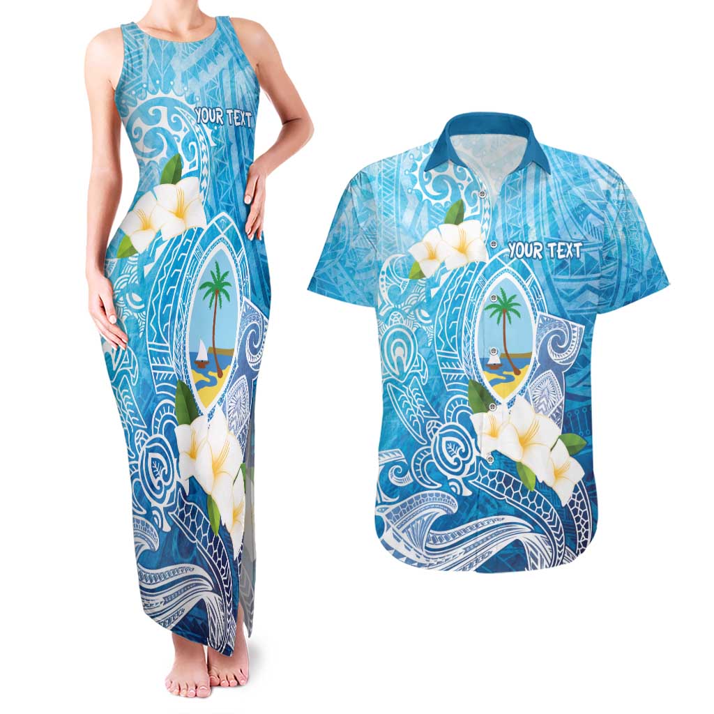 Hafa Adai Guam Chamorro Personalized Couples Matching Tank Maxi Dress and Hawaiian Shirt Ocean Blue Latte Stone with Guasali - Polynesian Pride